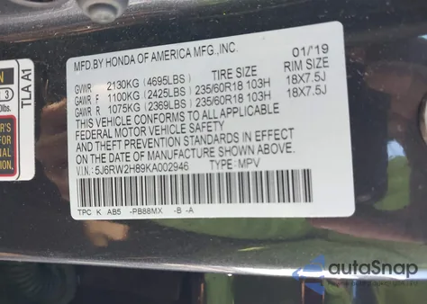2019 Honda Cr-V Ex-L from USA, damaged, VIN 5J6RW2H89KA002946